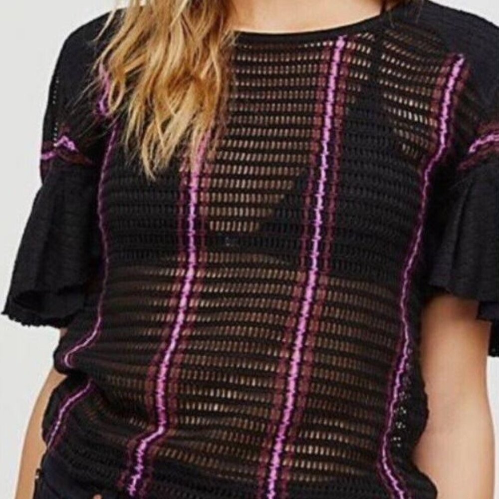 Free People Open Knit Sweater Top M Shirt Flare Sleeve Purple Stripe Festival